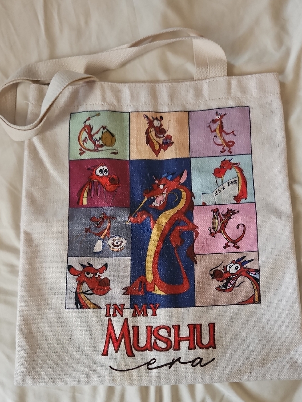 Disney Cream Canvas Tote with Red Mushu Collage